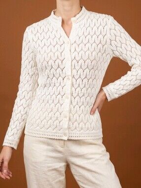 Vintage Ivory Open-Knit Button-Front Women's Cardigan Small